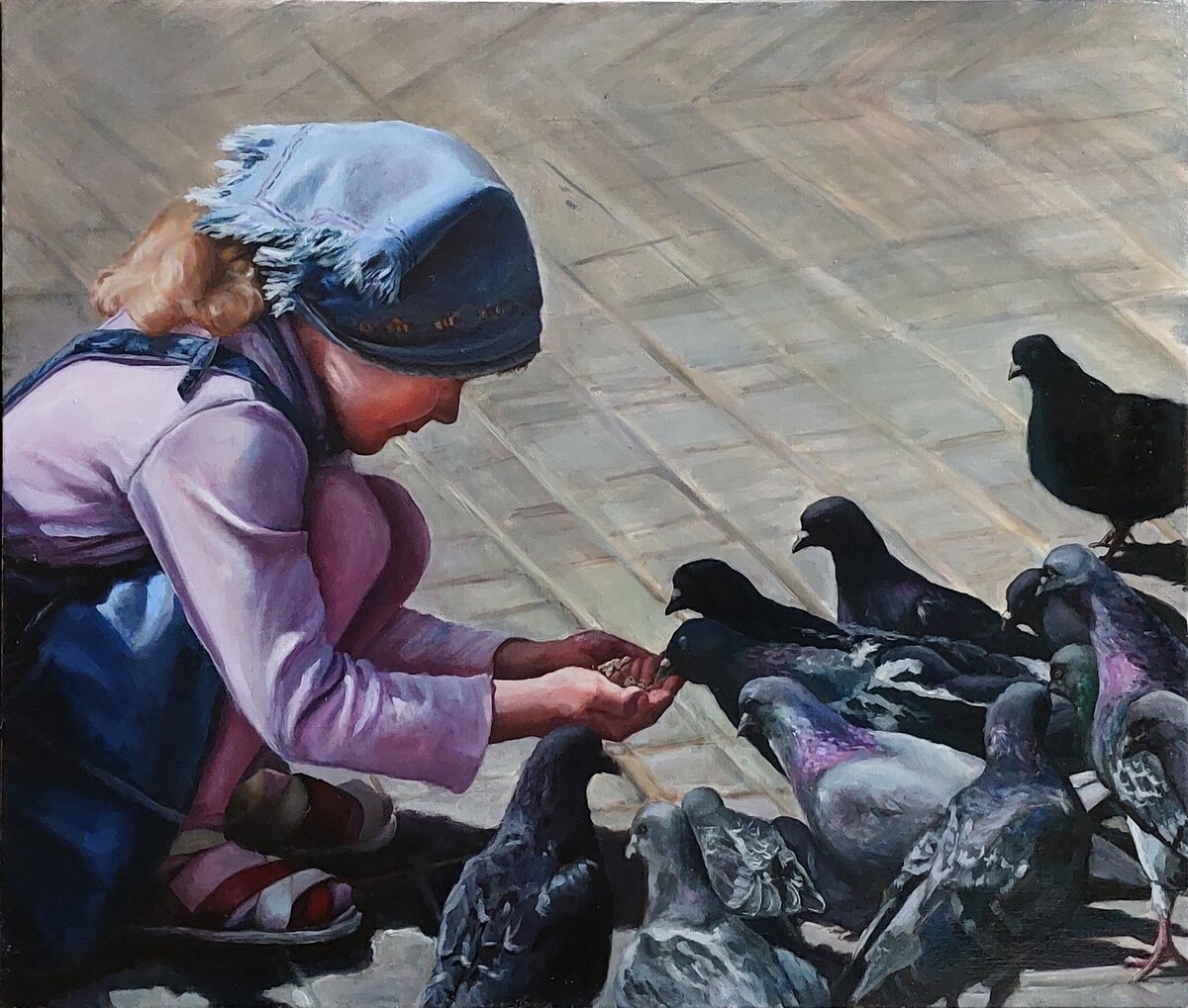 Girl and Pigeons, canvas, oil, 2022